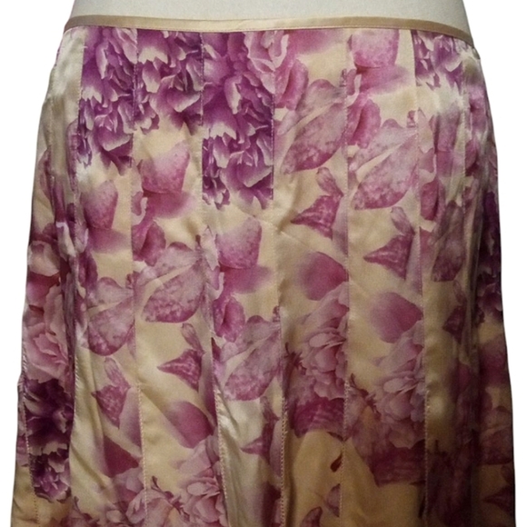 Ann Taylor Peach & Pink Rose Floral 100% Silk A‎ line Full Midi Skirt Size 10 - Picture 2 of 7